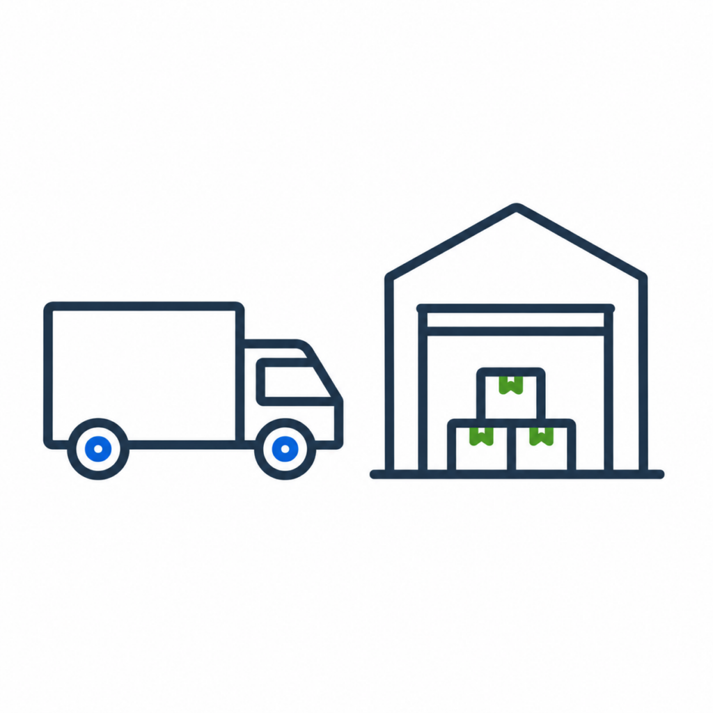Symbol Transport und Logistik: Lastwagen und Lagerhalle
